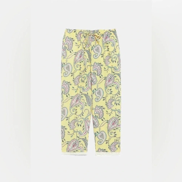 Zara paisley print linen cotton blend high waist pull on drawstrings yellow SX S - Picture 12 of 13